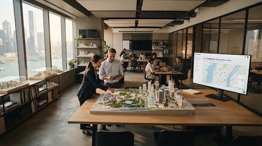 A modern urban planning office with large architectural models of a smart city, lit by natural light through floor-to-ceiling windows.