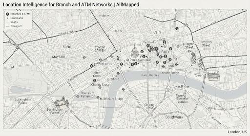A clean, high-contrast monochrome street map of a metropolitan area with architectural detail and grid lines, giving a premium cartographic feel for a financial services dashboard.
