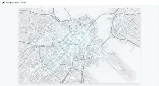 A minimalist monochrome map visualization of a dense urban network with glowing nodes and connecting lines.