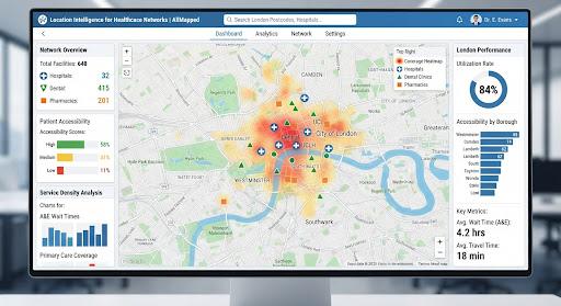 A clean visualization of a medical campus network with a clinical, trustworthy, technologically advanced aesthetic.