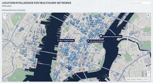 A clinical, technically-styled visualization of a healthcare facility network.