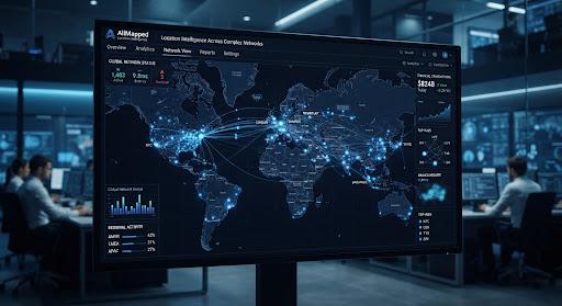 A digital global map with financial data overlays and glowing nodes representing bank branches and data clusters.