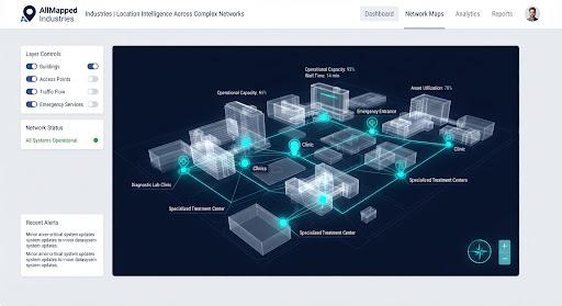 A clean visualization of a medical campus network with translucent 3D building models and highlighted healthcare access points.