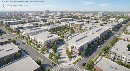 An aerial architectural rendering of a modern urban retail development with sharp geometric layouts.